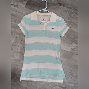 Hollister Women's Polo Shirt - Mint Green and White Stripes